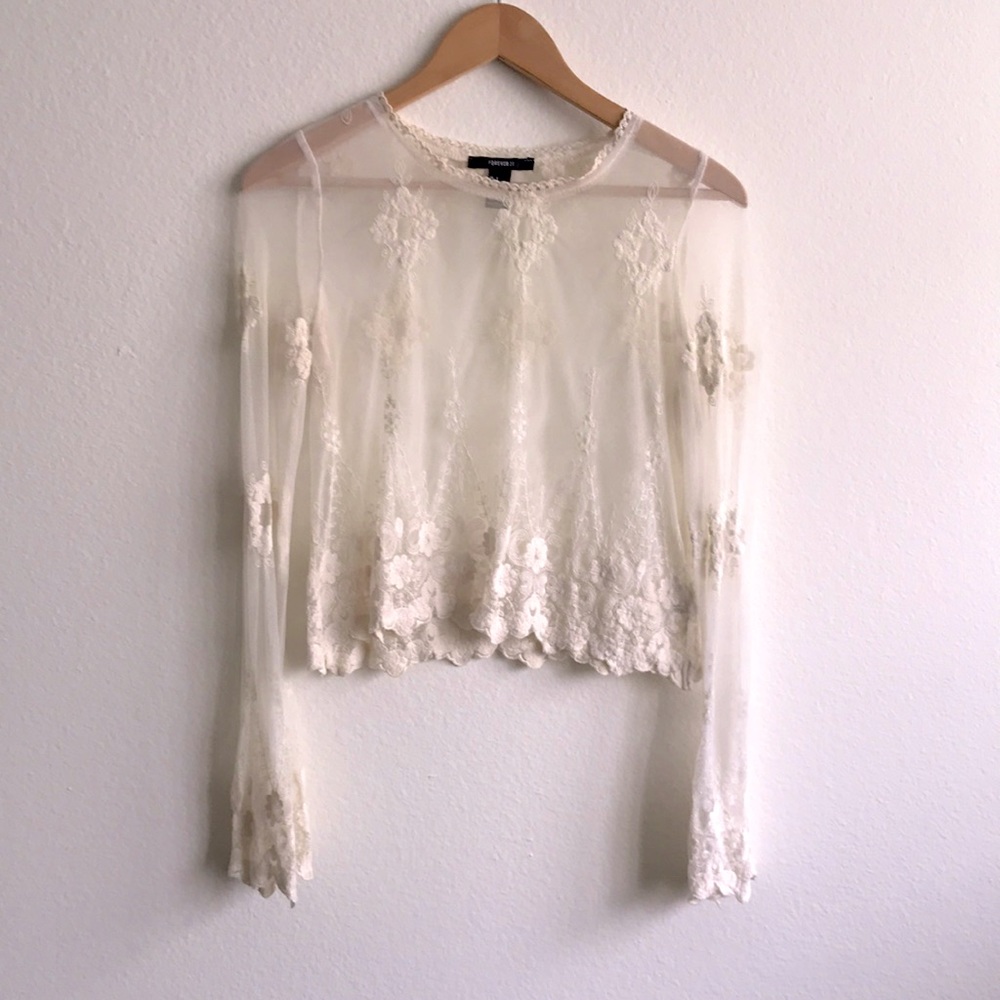 Forever 21 See Through White Lace Longsleeve Top Coverup Size S